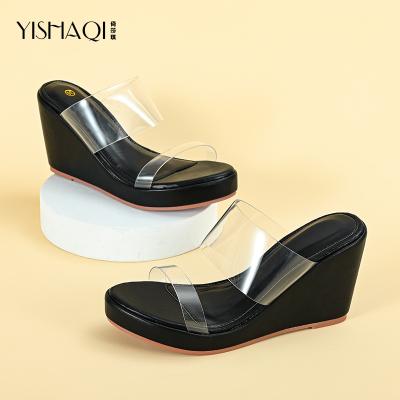 China Fashion Trend 2022 Black Ladies Straw Wedge Heightening Platform Slippers Summer Where Shoes Shape Women Wedge Slippers for sale