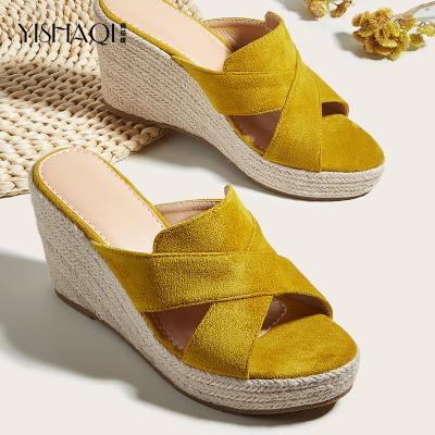 China 2022 Fashion Trend Cross-strap Peep Toe Sandal Shoes Straw Shoes Platform Wedge Slippers for Women and Ladies Slippers for sale