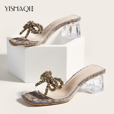 China Fashion Trend Factory Customize Luxury Fashion Crystal Heel With Diamond Bow Chunky Heel Slipper Summer Slippers Gold Wholesale for sale