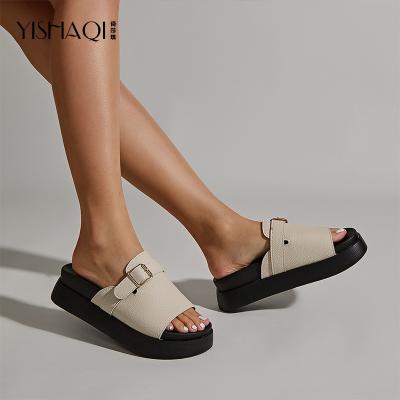 China Fashion Trend Decorative Women's Platform PU Leather Metal Buckle Slippers Shape 2021 Summer Women Slipper Sandals for sale