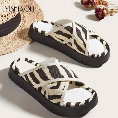 China Fashion Trend Summer Custom Women's Slippers All-match Zebra Pattern Thick Bottom Cross Double Tie Flat Slippers for sale