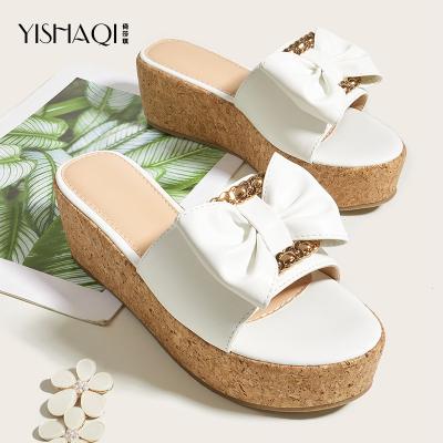 China Fashion trend spot 2021 summer wedges slippers women slipper ladies shoes thick bow sandals high heel platform slippers for sale