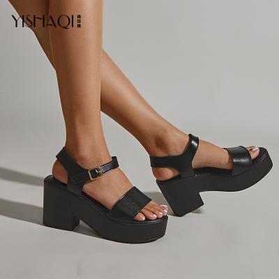 China Fashion trend spot goods 2022 new PU leather casual heeled sandals black thick heel sandals platform summer women non-slip shoes for sale