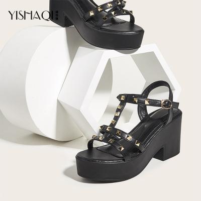 China New Designer Summer Fashion Trend Ladies Shoes PU Women Platform Sandals Metal Rivet Leather Decoration Thick Heeled Sandals for sale