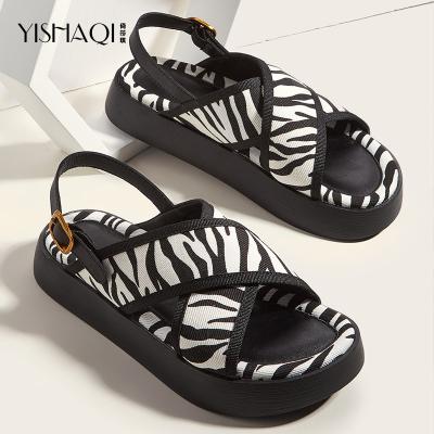 China Custom Buckle Flat Female Black Adjustable Metal Sandals Summer Fashion Trend Zebra Pattern White Platform Sandals for Woman and Ladies for sale