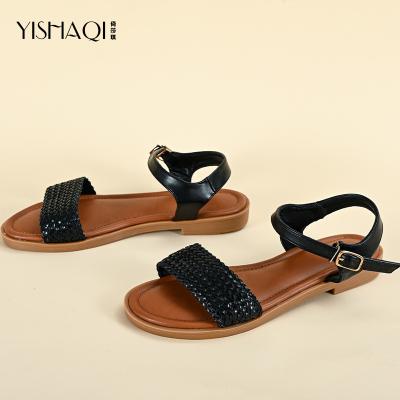 China Wholesale Cavity Casual High Quality Flat Embroidery Fashion Trend PU Leather Flat Sandals for Women and Ladies for sale