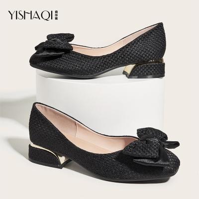 China 2022 Classic Chunky Heel Flat Shoes Comfortable Ladies Bow Fashion Trend Elegent Daily Office Wedding Bride Pumps Women Shoes for sale