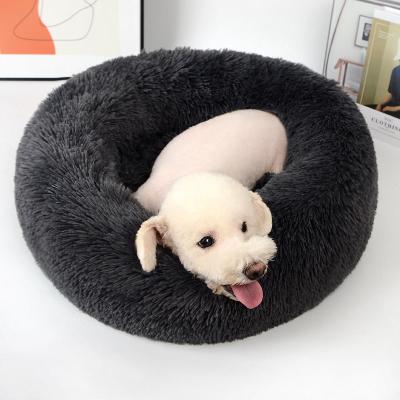 China Washable Round Fur Cat Dog Pet Removable Travel Faux Soothing Bed for sale