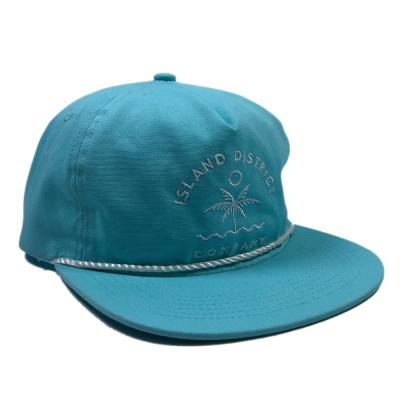 China Fashion OEM cotton JOINT flat bill unstructured snapback hat with string embroidery custom logo 5 panel rope hat for sale