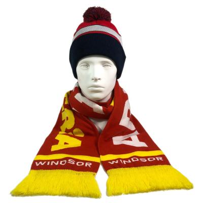 China Comfortable OEM Acrylic Fashion Design Red Side Winter Double Knitted Custom Logo Football Fans Scarf Set for sale