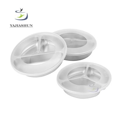 China 304Stainless Steel Two Or Three Compartments Edible Food Dish Snack Tray Divided Dinner Plate With Viable Round Lid For Restaurant for sale