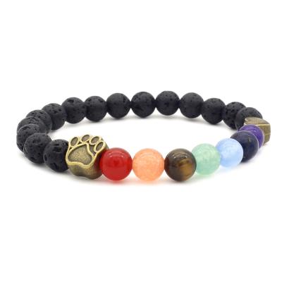 China FASHIONABLE Pet Memorial Jewelry Elastic Natural Dog Paw Charm Lava Rock Mala Stone 7 Chakra Yoga Meditation Healing Bracelet Beads Bracelet for sale