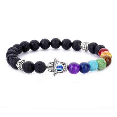 China NUORO TRENDY Handmade Stretch 7 Chakras Gemstone Bracelet Jewelry Yoga Beads For Women Men Lava Rock Stone Hamsa Hand Evil Eye Bracelet for sale