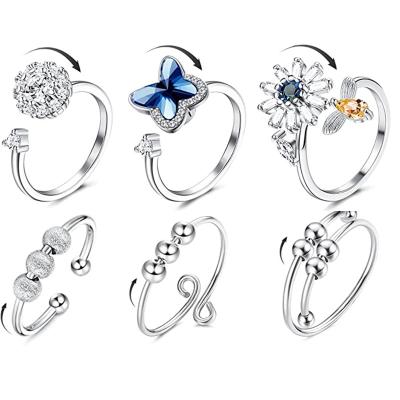 China NUORO punk 6Pcs/Set Stir To Anti Worry Rings Ring Set Butterfly Pearl Open Spinner Ring Set Cubic Zirconia Flower for sale