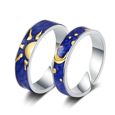 China New FASHIONABLE Silver Female Resizable Color Valentine's Day Romantic Couples Rings For Women Men Gift Enamel Sun Moon Ring for sale