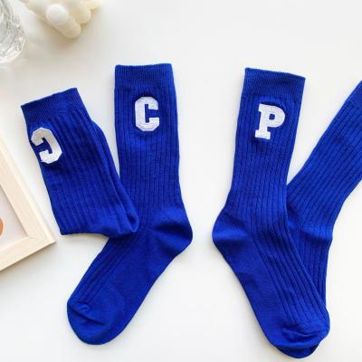 China CT Antibacterial Wholesale Hot Sale Women Fashion Embroidery Letter Socks Blue Klein Cotton Socks for sale