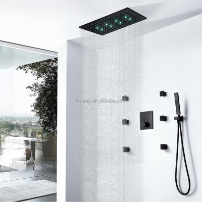 China Ceilingless Slide Bar 24*12 Inch Hydraulic Power Led Shower Head Cold Water Main Body Control Rain Shower Bathroom Black Hot Shower Faucet Set for sale