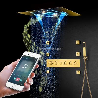 China 600x800mm Slide Bar Gold Free Led Shower Head With Music System Control Waterfall Thermostatic Rain Shower Faucet Set for sale