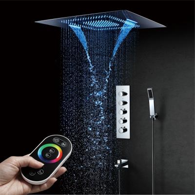 China Without Slide Bar 600*800mm Stainless Steel LED Shower Head Rainfall Waterfall Misty Ceiling Mounted Bathroom Thermostatic Shower Faucet for sale