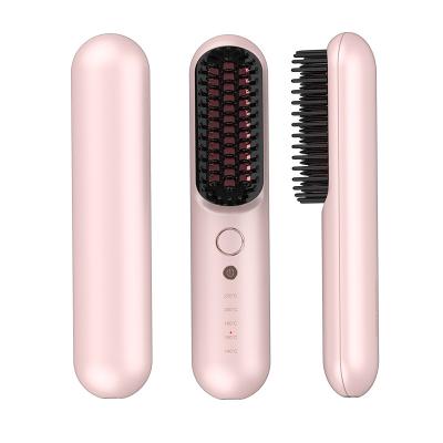 China Household Rechargeable Electric Hair Brush Dryer and Straightener Brush Straight Pink Hair Straightening Brush for sale