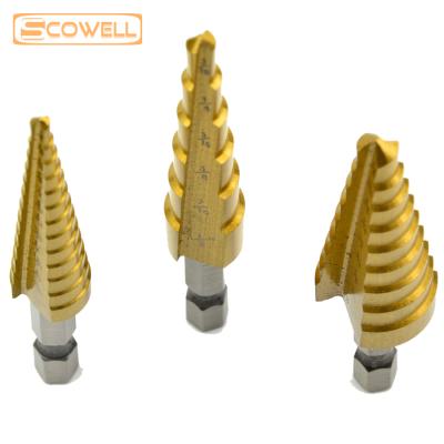 China HSS 4241# 3pcs 6/9/13 Steps Metal Drilling Spiral Flute Drill Bits,Titanium Coated Step Drill Bit Sets for sale