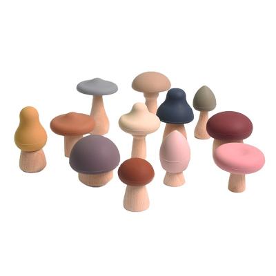 China Cartoon Toy Baby Educational Silicone Wood Toys Release Soft Silicone Stress Teether Mushroom Image Baby Wooden Toys for sale