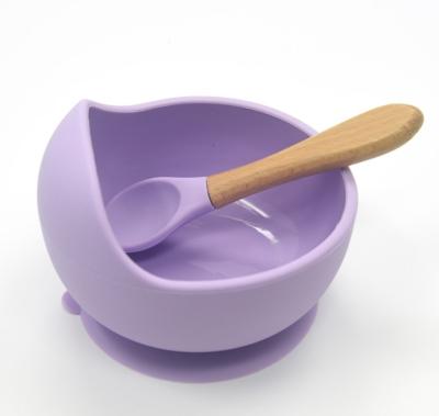 China BPA Free Can Be Custom Logo BPA Free Used For 2~24 Months Babies Baby Bamboo Wood Silicone Spoons Bowl And Suction Spoon Set for sale