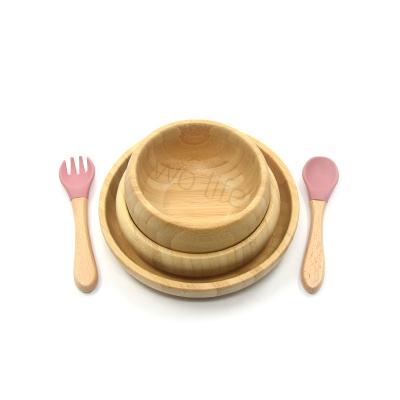 China Food Grade Disposable Bamboo Dinner Set For Baby Kids Bamboo Fiber Cutlery Dishes Bowl Suction Dish Paddle Bamboo Tableware Set for sale