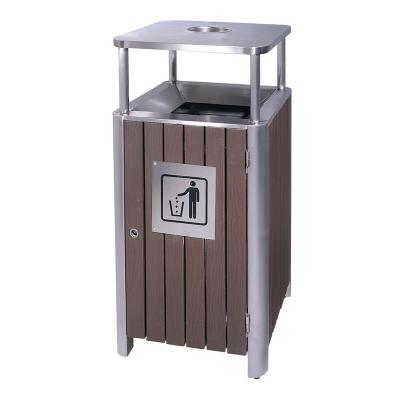 China Wholesale Sustainable Outdoor Wooden Decorative Garbage Bin Stainless Steel Strip Trash Can for sale