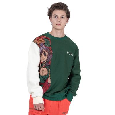 China OEM Breathable Logo Crew Neck Patchwork Tapestry Cotton Pullover Sweatshirt Breathable Custom Men for sale