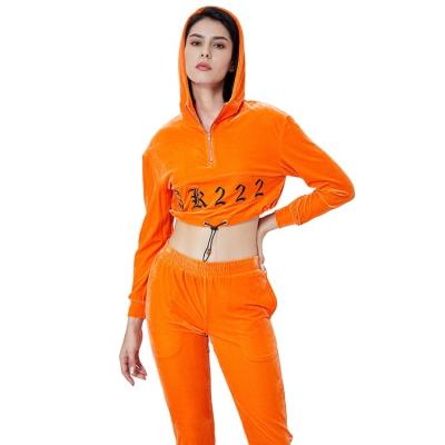 China Anti-wrinkle fashion high quality printed women's velvet sweat suits crop top with hood string velvet suits patchwork women velvet tracksuit for sale