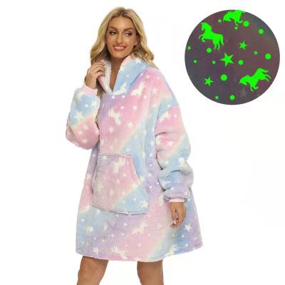 China Custom Luminous Star Oversized Unicorn Wearable Hoodie Blanket Sherpa Glow in the Dark Hoodie Blanket for sale