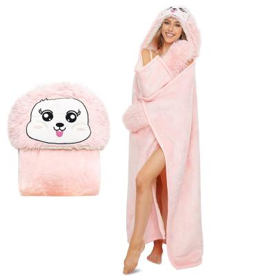 China Hot Sale PORTABLE Animal Wearable Hooded Blanket Rabbit Sherpa Hoodie Comfortable Wearable Blanket for sale