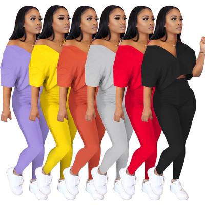 China 2021 Fashionable Solid V-Neckline Anti-wrinkle Autumn Two-Piece Tracksuit Outfits Women's Two-Piece Set Clothing for sale