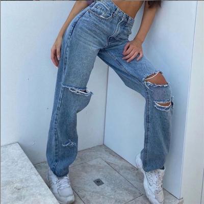 China Breathable Hot Hole Ripped Blue High Waisted Pants Baggy Jeans Loose Female Jeans For Women for sale