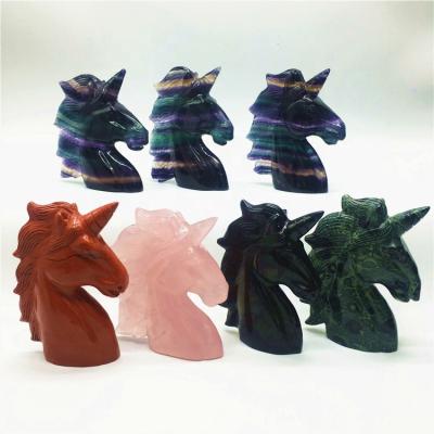 China Europe Animal Figurines Hand Rose Quartz Obsidian Rainbow Natural Fluorite Cut Crystal Unicorn Decoration for sale