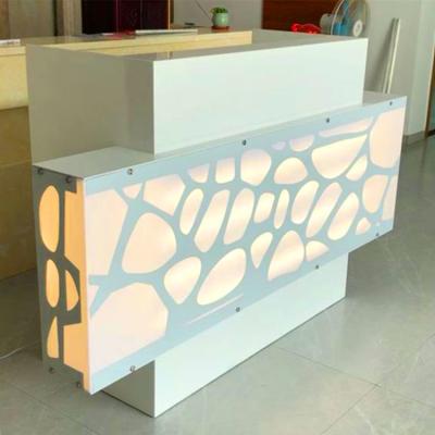 China Wihite Extendable Luxury MDF Shop Cashier Counter Checkout Table With Led Light Modern Retail Shop Reception for sale