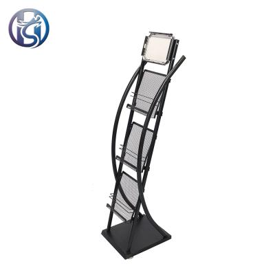 China Custom Curved Magazine Display Bookshelf 3 Layer A4 Metal Literature Rack With Graphic for sale