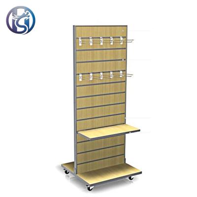 China Free Standing Stores Movable Slatwall Vertical Freestanding Wooden Slatwall Display With Wheels for sale