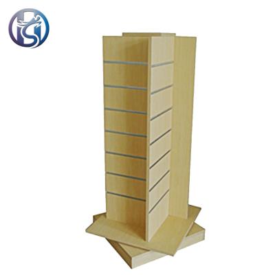 China Store Floor Shop Slat Panel Display Rack MDF Rotating Wooden Retail Portable Revolving Slatwall Display for sale