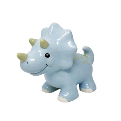 China Personalized Cute Ceramic Animal Mini Money Bank Dinosaur Piggy Bank Atmosphere Money Saving Box For Boys Blue Triceratops for sale