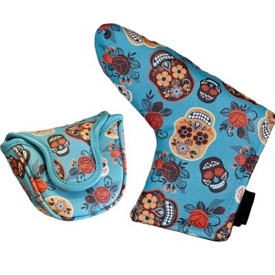 China Durable PU Leather Printed Skeleton Head Covers OEM Golf Club Covers Golf Blade Putter Cover for sale