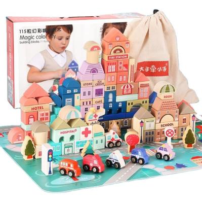 China Building Blocks Toy 115 PCS Building Blocks Large City Wooden Floor Macarons Particles Assembled Building Blocks Toys Educational Children's Toys for sale