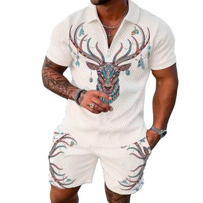 China Men's Breathable Suit 3D Color Stitching Zipper Polo Shirt Two Piece Set Polo Shirt Shorts Suit Fashion Print Summer Short Sleeve New for sale