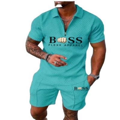 China Men's Breathable Suit 3D Color Stitching Zipper Polo Shirt Two Piece Set Polo Shirt Shorts Suit Fashion Print Summer Short Sleeve New for sale