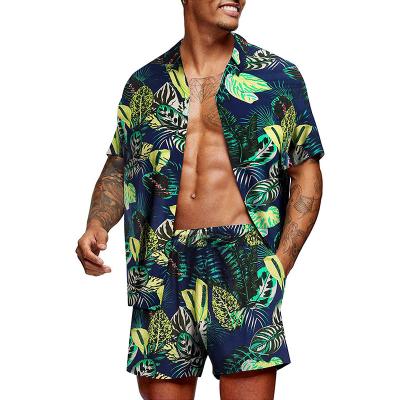 China New Trend QUICK DRY Men's Sets Summer Hawaiian Feather Printing Short Sleeve Button Shirt Beach Shorts Travel Casual Men's Two Piece Set 2 Piece Suit for sale