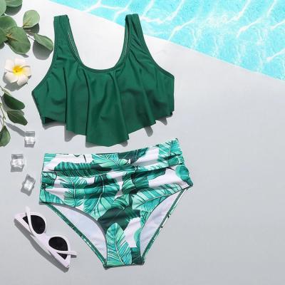 China Summer Vacation Kids QUICK DRY Green Printing Beachwear 2 Pieces Girls Swimsuit Kids Teen Swimwear Set for sale