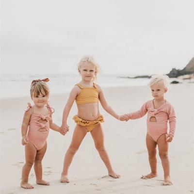 China QUICK DRY Halter Kids Beachwear 1/2pcs Solid Color Ruffle Toddler Halter Swimwear Swimsuit Micro Bikini Set for sale