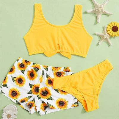 China Custom Baby QUICK DRY Logo Sunflower Print Child Beachwear Kids Swimming Wear 3 Piece Bikini Set for sale