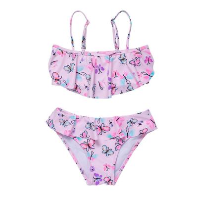 China QUICK DRY Ruffle Pink Beach Wear Fashion Butterfly Printing Adjustable Strap Slit Tankini Swimwear For Girls for sale